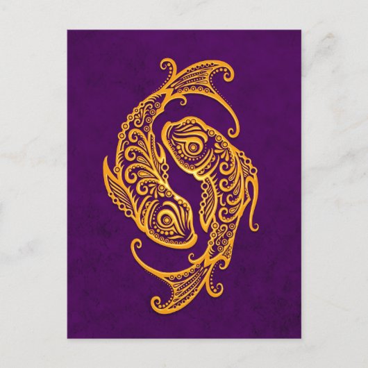 Intricate Yellow Pisces Zodiac op Paars Briefkaart (Voorkant)