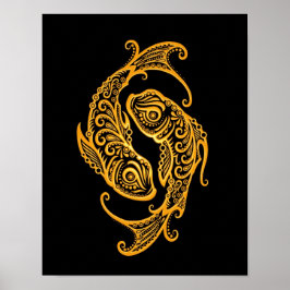 Intricate Yellow Pisces Zodiac op zwart Poster