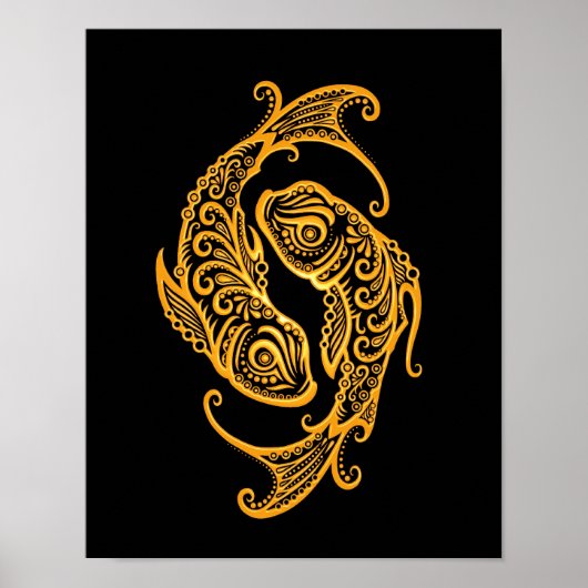 Intricate Yellow Pisces Zodiac op zwart Poster (Voorkant)