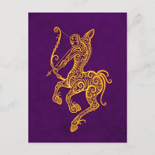 Intricate Yellow Sagittarius Zodiac op Paars Briefkaart (Voorkant)