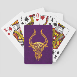 Intricate Yellow Taurus Zodiac on Purple Pokerkaarten
