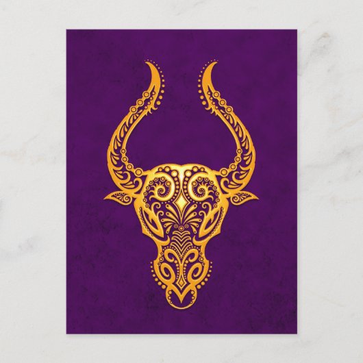 Intricate Yellow Taurus Zodiac op Paars Briefkaart (Voorkant)