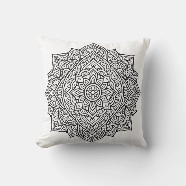 Intricate Zwarte Lijn Mandala Kunst Kussen (Voorkant)