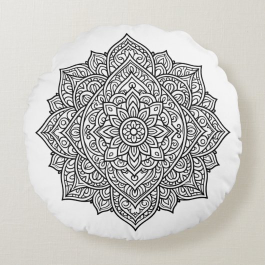 Intricate zwarte lijn Mandala kunst Rond Kussen (Voorkant)