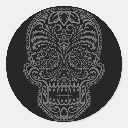 Intricate zwarte suikerschedel ronde sticker (Voorkant)