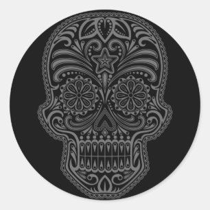 Intricate zwarte suikerschedel ronde sticker