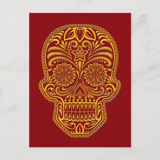 Intriciteit gele suikerschedel op rood briefkaart (Voorkant)