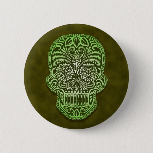 Intriciteit groene suikerschedel ronde button 5,7 cm (Voorkant)