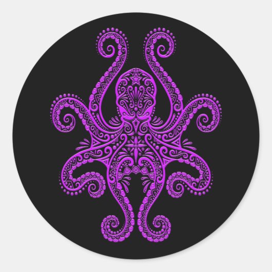 Intriciteit Paarse octopus op zwart Ronde Sticker (Voorkant)