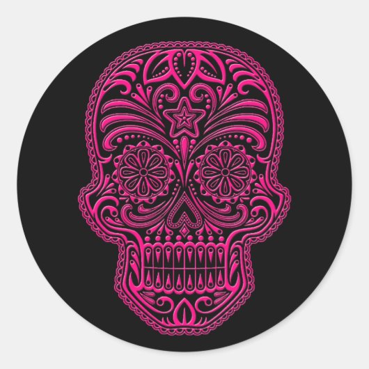 Intriciteit roze suikerschedel op zwart ronde sticker (Voorkant)