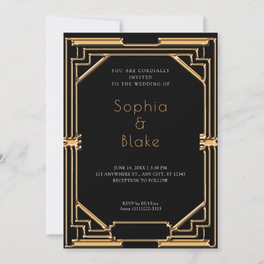 Intrict Black and Gold Art Deco Wedding Kaart (Voorkant)