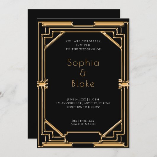 Intrict Black and Gold Art Deco Wedding Kaart (Voorkant / Achterkant)