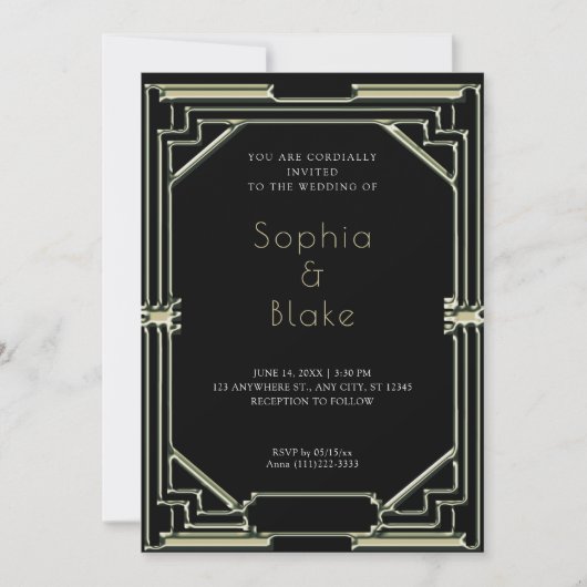Intrict Black and Green Art Deco Wedding Kaart (Voorkant)