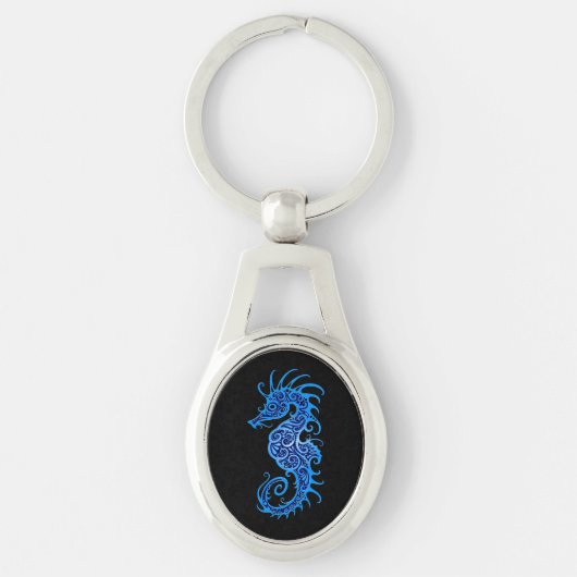 Intrict Blue Seahorse Design on Black Sleutelhanger (Voorkant)