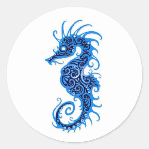 Intrict Blue Seahorse Design on White Ronde Sticker