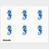 Intrict Blue Seahorse Design on White Ronde Sticker (Vel)