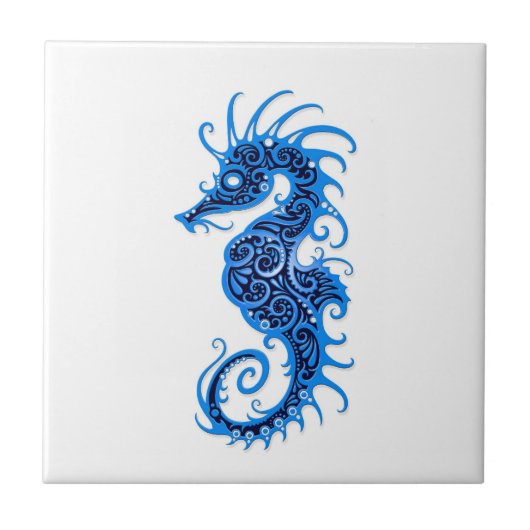 Intrict Blue Seahorse Design on White Tegeltje (Voorkant)