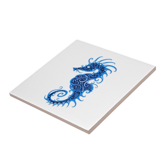 Intrict Blue Seahorse Design on White Tegeltje (Zijkant)