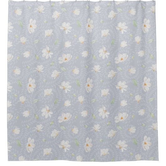 Intrict hand gekleurd wit Magnolia Dusty Blue Douchegordijn (Voorkant)