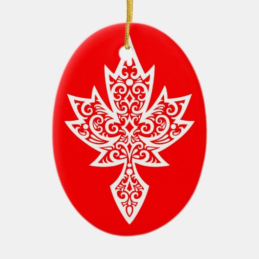 Intrict Red & White Canadian Maple Leaf Keramisch Ornament (Voorkant)