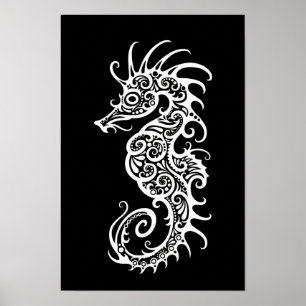 Intrict White Seahorse Design on Black Poster