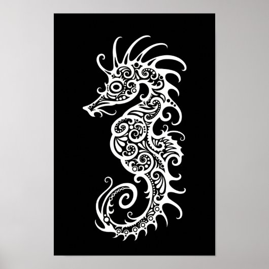 Intrict White Seahorse Design on Black Poster (Voorkant)
