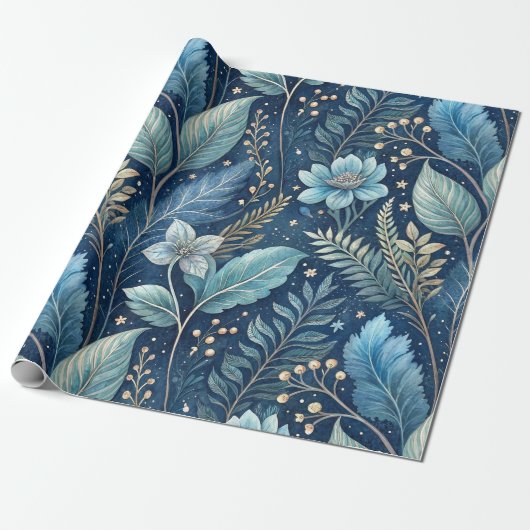 Intrigerend Blauw & Groen Botanisch - Sterrenachti Cadeaupapier (Uitgerold)