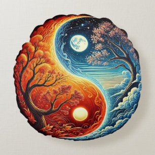 Intrigerend Yin-Yang-symbool met vuur en water Rond Kussen