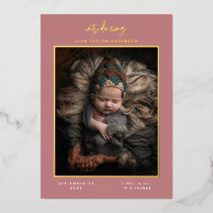 Introducing Baby Modern Pink Birth Announcement Folie Uitnodiging