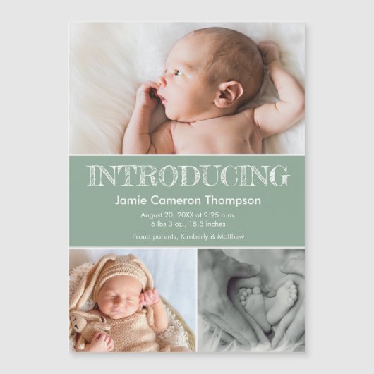 Introducing baby photos green birth announcement (Voorkant)