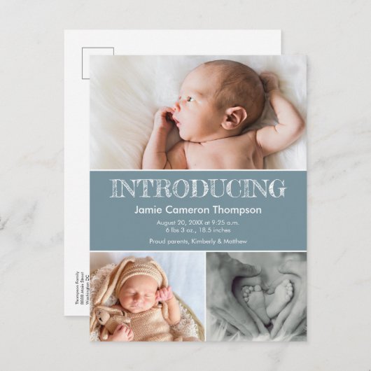 Introductie Baby geboorteaankondiging Foto blauw Aankondigingskaart (Voorkant / Achterkant)