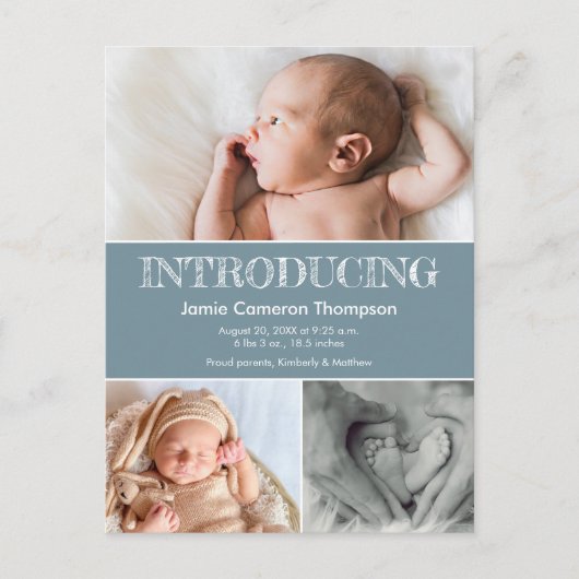 Introductie Baby geboorteaankondiging Foto blauw Aankondigingskaart (Voorkant)