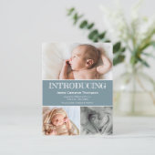 Introductie Baby geboorteaankondiging Foto blauw Aankondigingskaart (Staand voorkant)