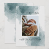 Introductie. Elegant waterverf blauwe baby geboort Aankondiging (Voorkant / Achterkant)