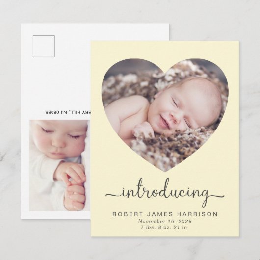 Introductie Foto's Gele Baby Geboorte Aankondigingskaart (Voorkant / Achterkant)