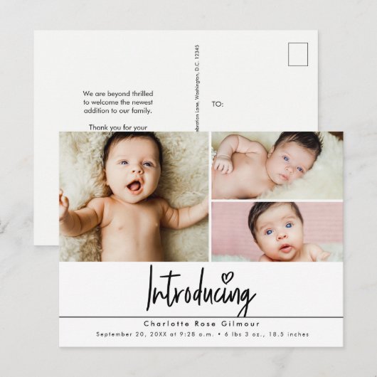 Introductie van Baby 3 foto's dank u Briefkaart (Voorkant / Achterkant)