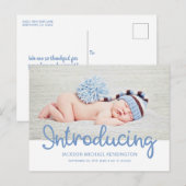 Introductie van Baby Boy Blue Typografie Foto Aankondigingskaart (Voorkant / Achterkant)