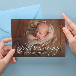 Introductie van baby één foto elegant blauwe geboo aankondiging