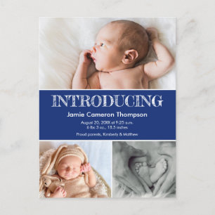 Introductie van babyfoto's bij geboorte in marineb aankondigingskaart