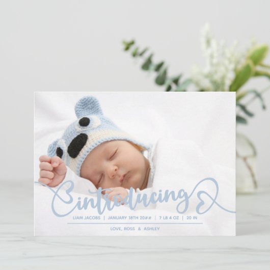 Introductie van Blue Heart Script Baby Photo Birth Aankondiging (Staand voorkant)