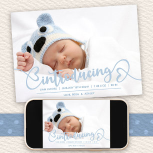 Introductie van Blue Heart Script Baby Photo Birth Aankondiging