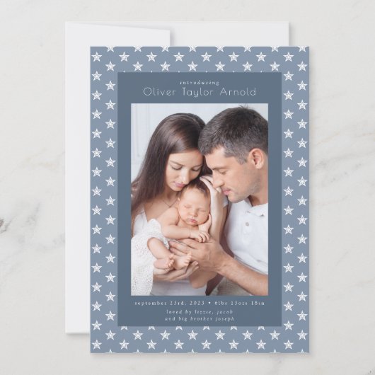 Introductie van de Baby Foto Blue Stars Birth Aankondiging (Voorkant)