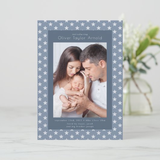 Introductie van de Baby Foto Blue Stars Birth Aankondiging (Staand voorkant)