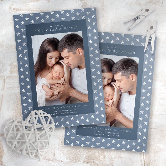 Introductie van de Baby Foto Blue Stars Birth Aankondiging