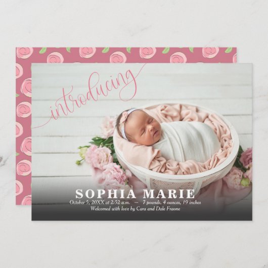 Introductie van de Baby Fotoroze geboorteaankondig (Voorkant / Achterkant)