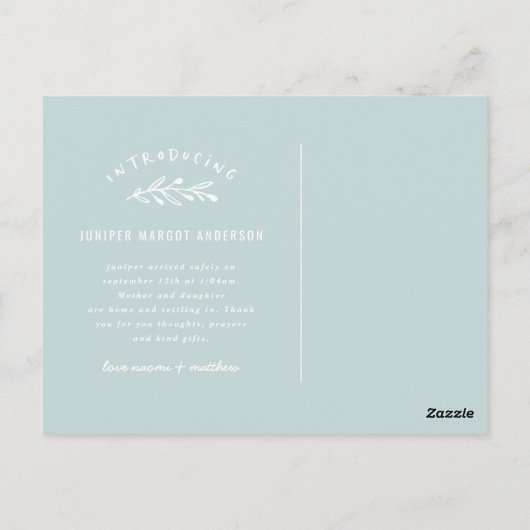 Introductie van de geboorteaankondiging van de fot briefkaart (Achterkant)