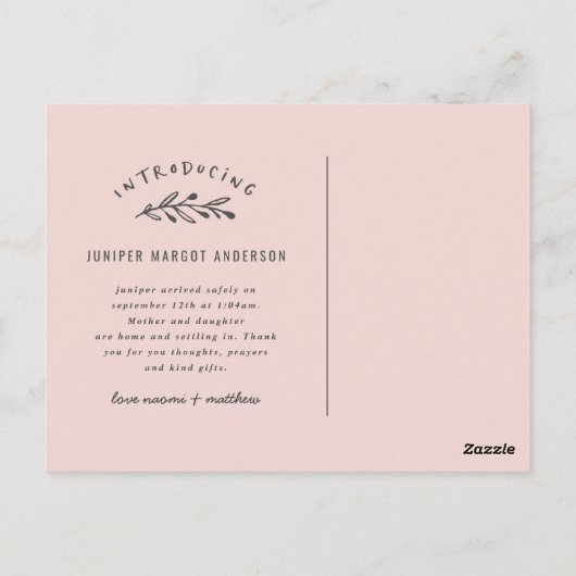 Introductie van de geboorteaankondiging van de fot briefkaart (Achterkant)
