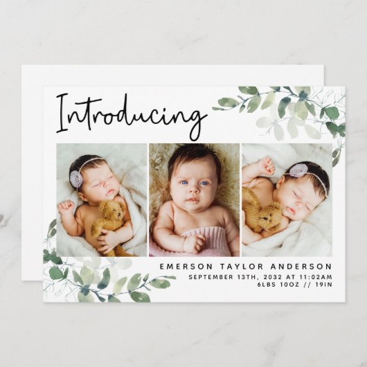 Introductie van de Moderne Foto Eucalyptus Birth Aankondiging (Voorkant / Achterkant)