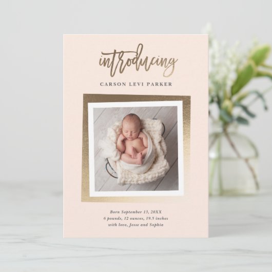Introductie van de moderne Gold Script Baby Photo Aankondiging (Staand voorkant)