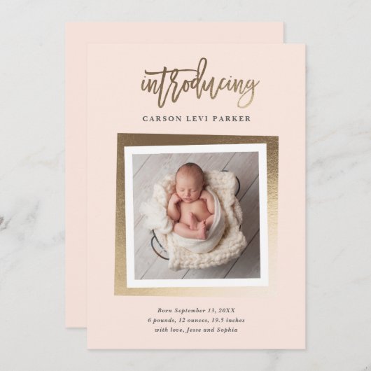 Introductie van de moderne Gold Script Baby Photo Aankondiging (Voorkant / Achterkant)